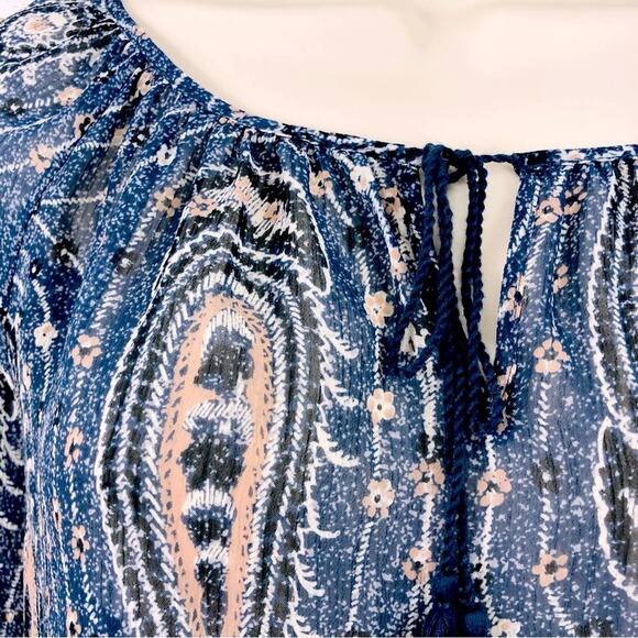 Lucky Brand Blue Pink Paisley Long Sleeve Popover Top Elastic Waist Tassel Ties - Picture 8 of 16